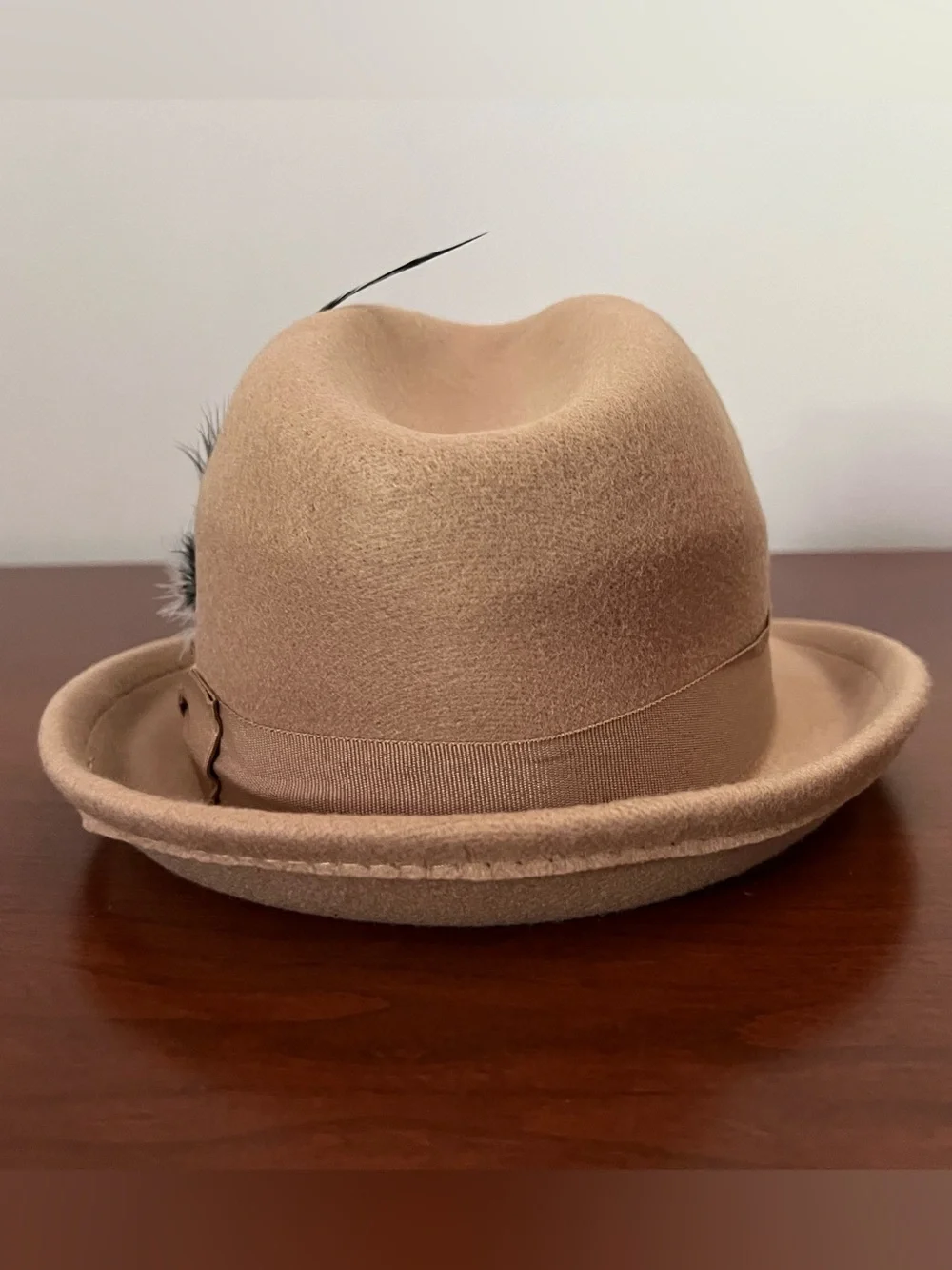 Tan Wool Felt look Fedora Hat with Decorative Feathers